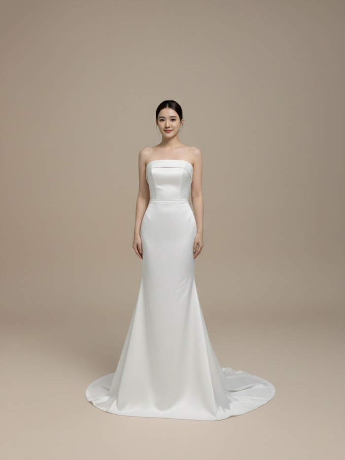 A model in a studio setting wearing a strapless ivory satin wedding dress with a straight-across neckline, a fitted structured bodice, and a sleek mermaid silhouette skirt expanding into a classic pool train.